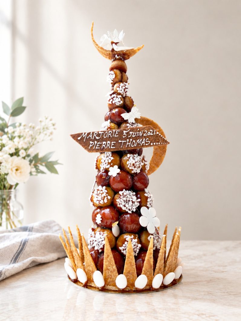 Croquembouche de mariage personnalisé avec décor nougatine