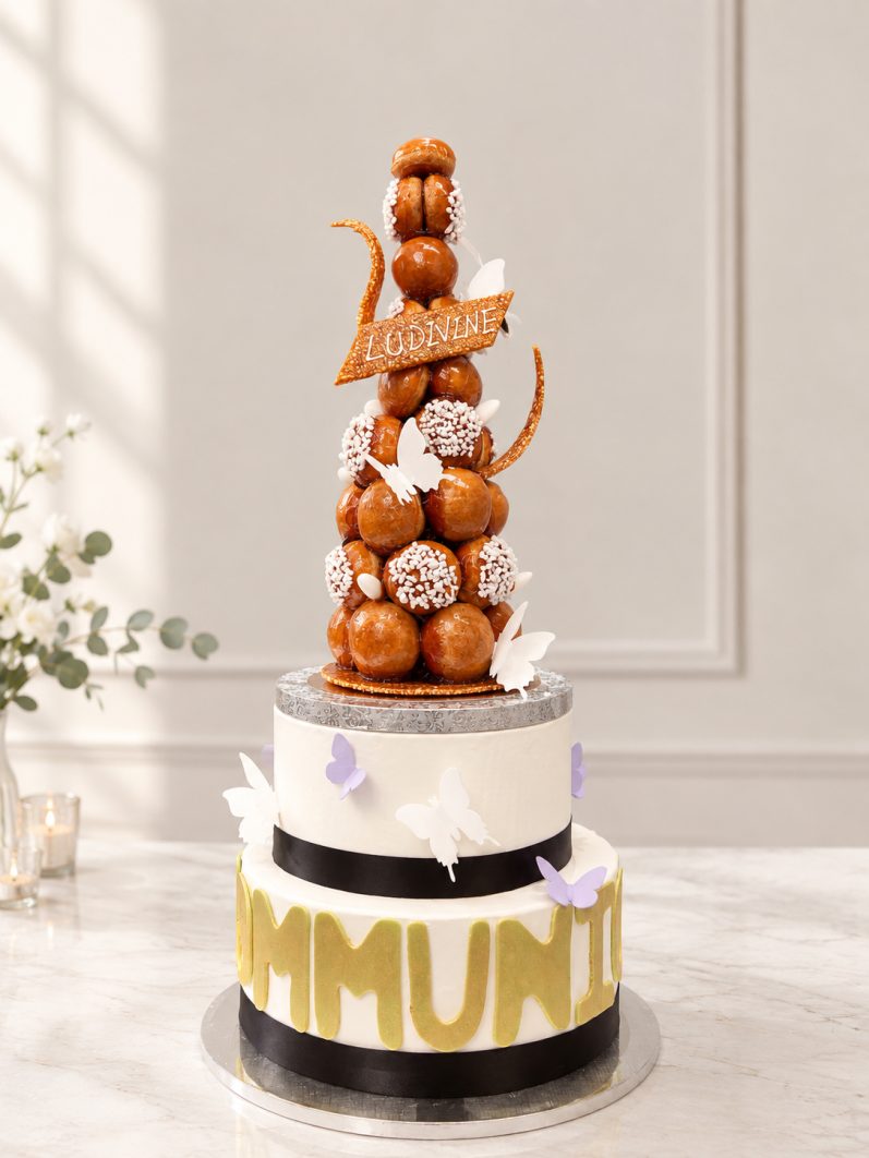 Croquembouche de communion sur base d'entremets, décor de papillons